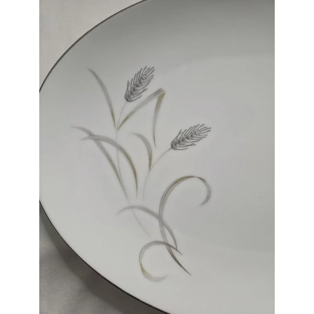 Vtg Mid Century Harvest Wheat China Oval Serving Platter Platinium Trim Japan 14